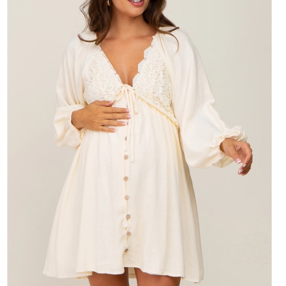 Beige Crochet Lace Button Front Maternity Dress